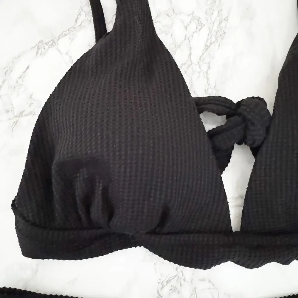 AERIE Waffle Longline Triangle High Cut Cheeky Bikini Black XL XXL - Picture 6 of 9